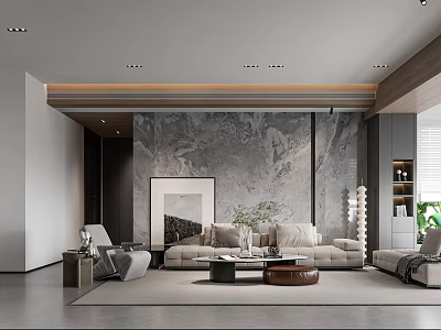 Modern Living Room Interior With Marble Accent Wall And Floor To Ceiling Windows 3d model