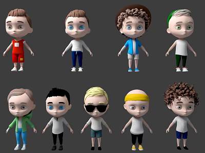 Diverse Cartoon Child Character Designs With Various Hairstyles And Outfits 3d model