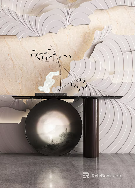 Modern Console Table With White Sculpture Leaf Decor And Wavy Backdrop 3d model