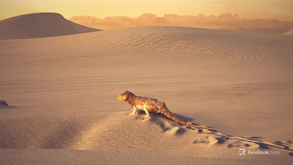 Desert Lizard Calmly Standing On Sand Dune With Footprints During Sunset 3d model 