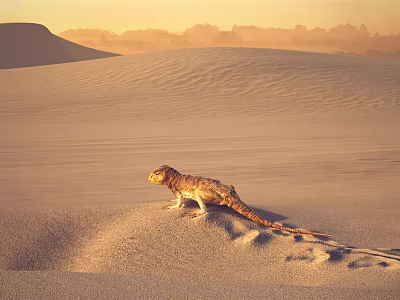 Desert Lizard Calmly Standing On Sand Dune With Footprints During Sunset 3d model