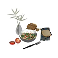 Delicious Shrimp Vegetable Noodle Bowl With Fresh Tomato Bread Slices And Bamboo Leaves