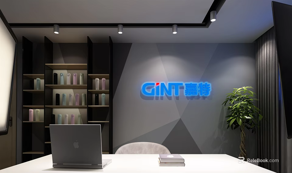 Modern Public Office Space with Laptop Bookshelf GINT Logo Potted Plant and Geometric Wall 3d model 