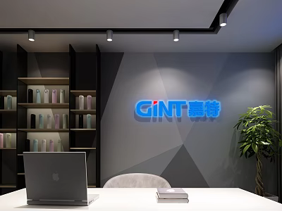 Modern Public Office Space with Laptop Bookshelf GINT Logo Potted Plant and Geometric Wall 3d model