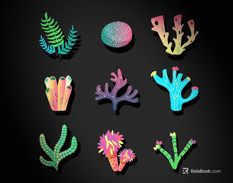 Colorful Plant Inspired Wall Decor With Diverse Coral And Fern Shapes 3d model 