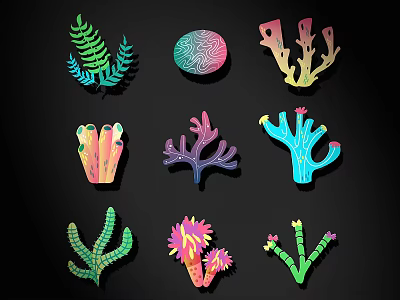 Colorful Plant Inspired Wall Decor With Diverse Coral And Fern Shapes 3d model