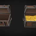 Vintage Wooden Storage Chests With Metal Bands And Open Lids Displaying Gold Coins Inside