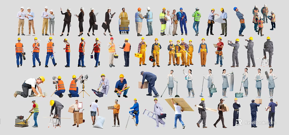Diverse Group of People in Various Work Occupations With Different Uniforms and Tools 3d model 