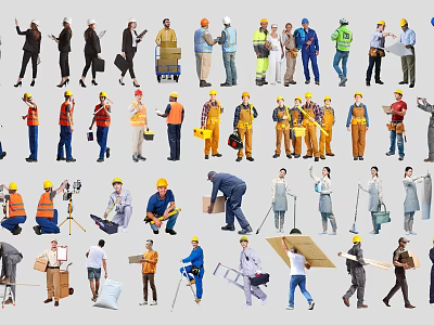 Diverse Group of People in Various Work Occupations With Different Uniforms and Tools 3d model