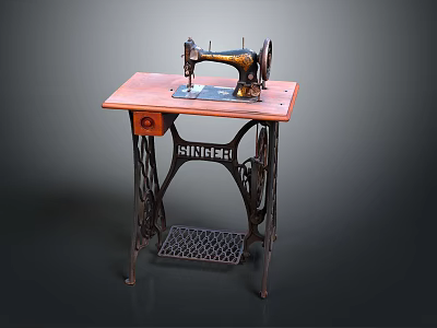 Vintage Singer Sewing Machine With Red Tabletop Iron Stand And Grid Foot Pedal 3d model