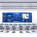 Modern Monitoring Room With Large Screens Data Charts And Control Consoles