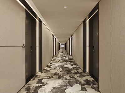 Long Hotel Guest Room Corridor With Patterned Carpet Light-Colored Walls And Recessed Lighting 3d model