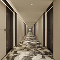 Long Hotel Guest Room Corridor With Patterned Carpet Light-Colored Walls And Recessed Lighting