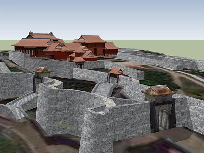 Historic Ancient Architecture Complex With Red Tiled Roofs And Gray Stone Walls 3d model