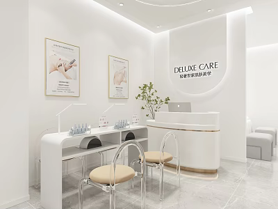 Modern Bright White Beauty Salon Interior With Nail Workstations And Elegant Reception Space Design 3d model