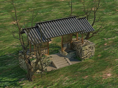 Traditional Entrance Gate With Tile Roof Stone Walls And Surrounding Trees In Grassland 3d model