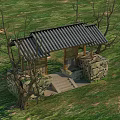 Traditional Entrance Gate With Tile Roof Stone Walls And Surrounding Trees In Grassland