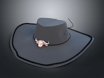 Gray Wide Brimmed Hat With Black Trim Bull Horn Decoration And Circular Badge 3d model