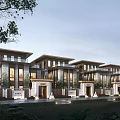 Modern Chinese Style Townhouse Exterior Design With Stone Walls Large Windows And Porch Greenery