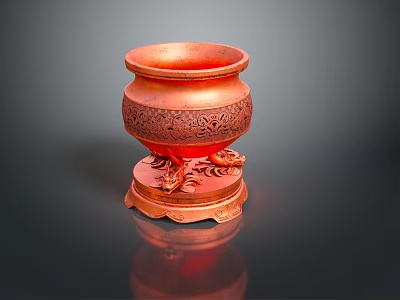 Red Decorative Vessel With Intricate Carved Patterns And Animal Shaped Feet On Base 3d model