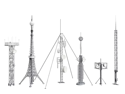 Technology Exhibition Hall Showcasing Various Communication Towers And Antenna Structures 3d model