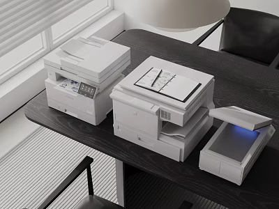 Modern White Office Appliances On Black Office Desk With Printer Scanner And Copier 3d model