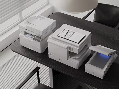 Modern White Office Appliances On Black Office Desk With Printer Scanner And Copier 3d model