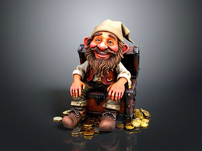 Decorative Gnome Figure Sitting On Treasure Chest With Scattered Gold Coins 3d model
