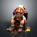Decorative Gnome Figure Sitting On Treasure Chest With Scattered Gold Coins