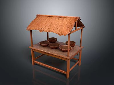 Rustic Food Selling Stand with Thatched Roof and Wooden Structure Holding Bowls 3d model