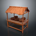Rustic Food Selling Stand with Thatched Roof and Wooden Structure Holding Bowls