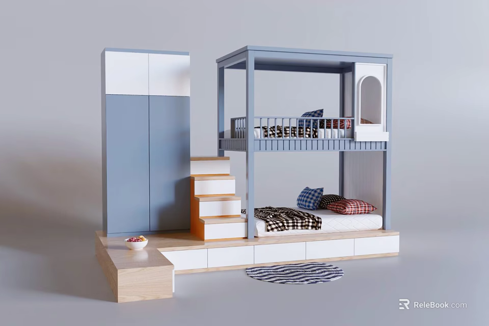 Modern Blue And White Bunk Bed With Stairs Wardrobe Wooden Frame Mattress And Pillows 3d model 