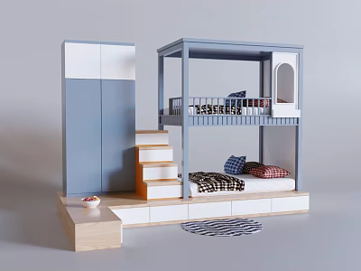 Modern Blue And White Bunk Bed With Stairs Wardrobe Wooden Frame Mattress And Pillows 3d model