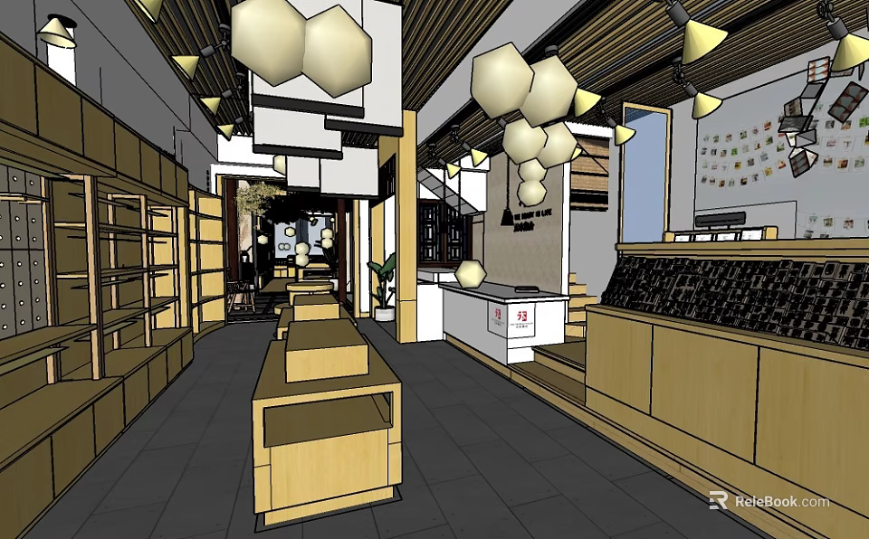 Modern Specialty Store Interior With Wooden Shelves Display Counters And Pendant Lights 3d model 