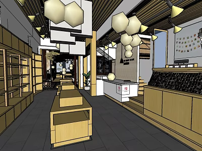 Modern Specialty Store Interior With Wooden Shelves Display Counters And Pendant Lights 3d model