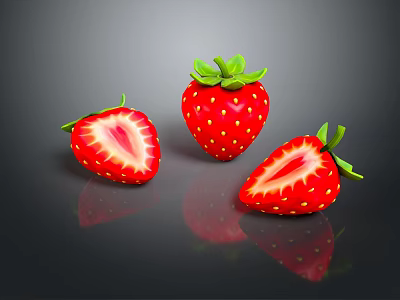 Fresh Strawberries Whole And Sliced On Black Background With Bright Red Color And Reflection 3d model
