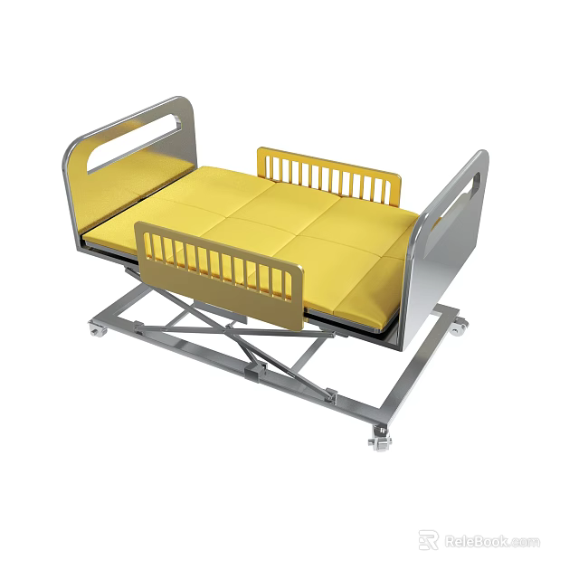 Medical Bed With Yellow Mattress Silver Frame Side Rails And Wheels 3d model 