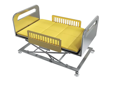 Medical Bed With Yellow Mattress Silver Frame Side Rails And Wheels 3d model