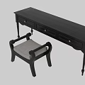 Dark Wood Long Writing Table And Chair Set With Drawers And Upholstered Seat