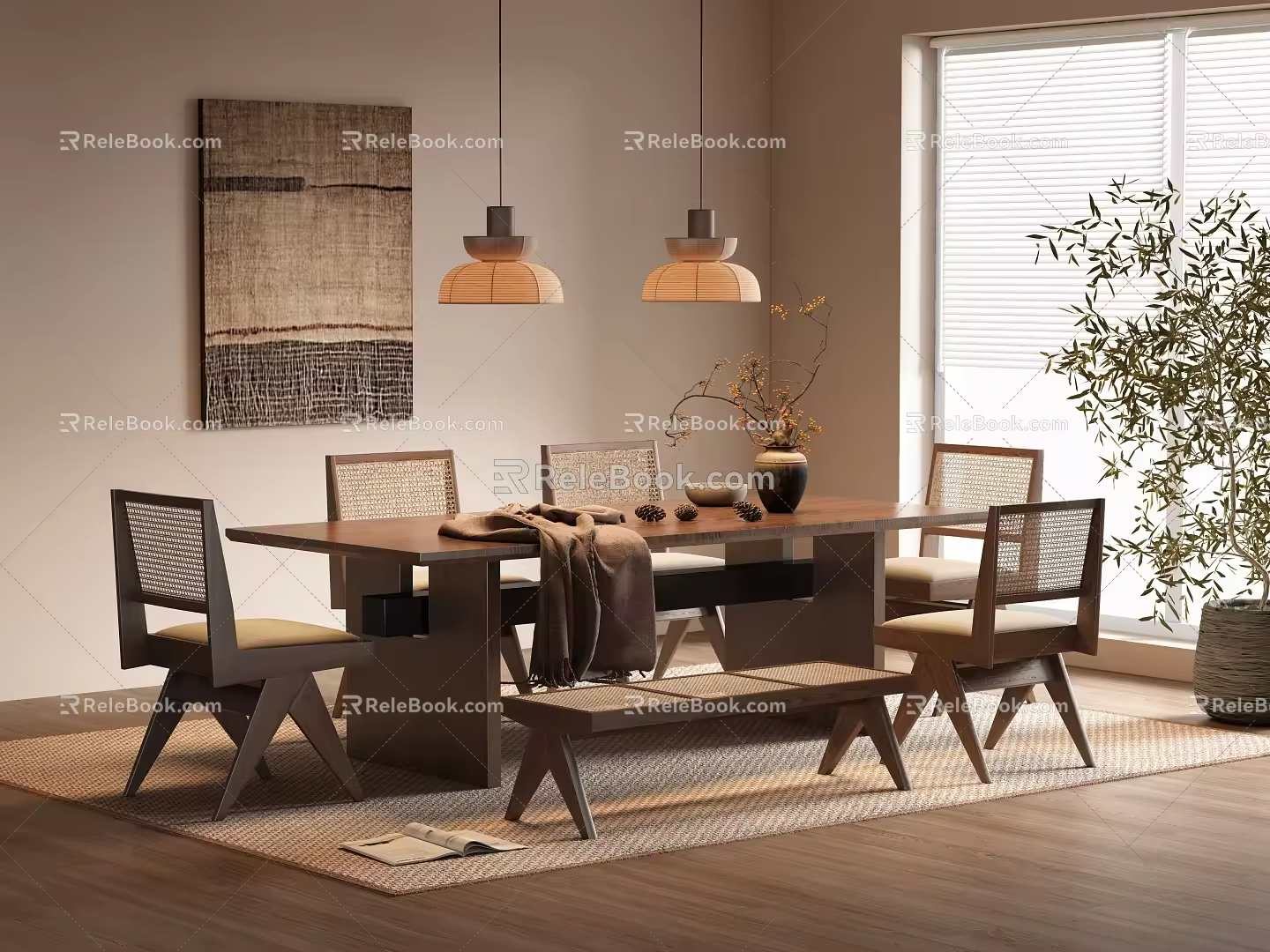 Quiet Chinese and Ancient Style Dining Table and Chair Combination Solid Wood Dining Table and Chair Multi-person Dining Table and Chair Quiet Dining Table Chandelier Bench Hanging Painting Dining Table Ornaments 3d model