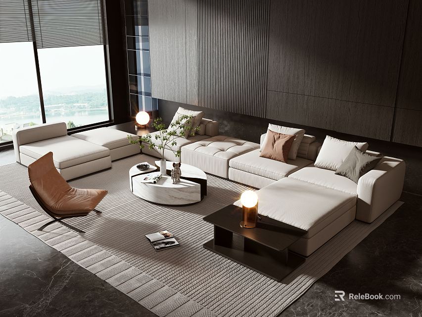 Modern Living Room Interior With Sofa Coffee Table Set And Accent Chair Rug Window View 3d model 