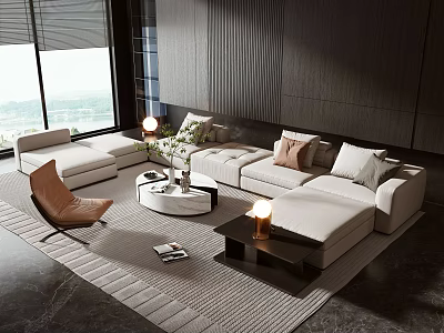 Modern Living Room Interior With Sofa Coffee Table Set And Accent Chair Rug Window View 3d model