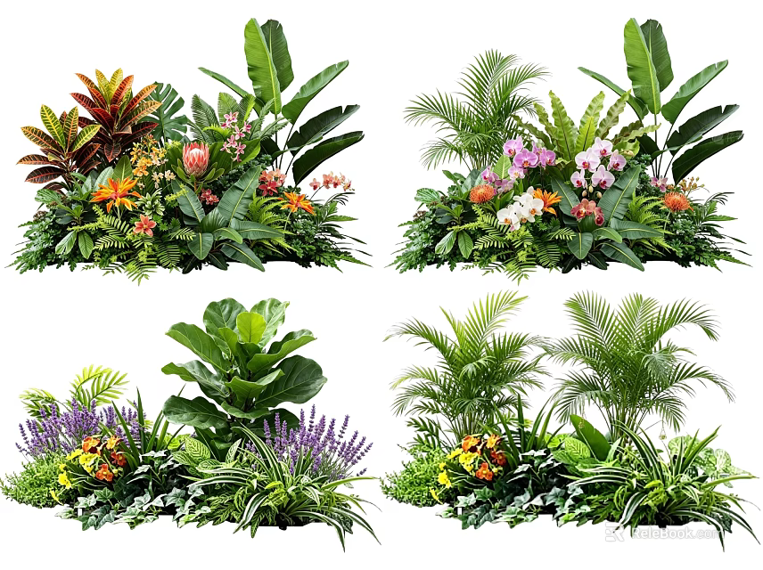Varied Tropical Plant Combinations With Green Foliage Colorful Blooms And Palm Leaves 3d model 
