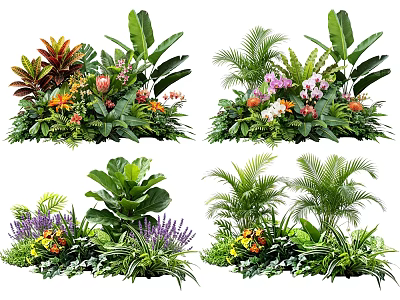Varied Tropical Plant Combinations With Green Foliage Colorful Blooms And Palm Leaves 3d model