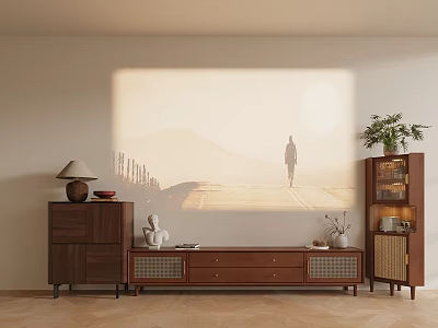 Wooden TV Stand With Glass Door Cabinet Table Lamp Decorative Items And Wall Projection 3d model