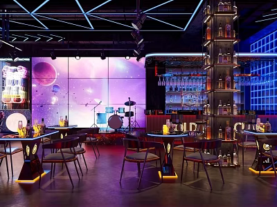 Modern Bar With Starry Sky Backdrop Geometric Lighting Liquor Racks Drum Set Tables And Chairs 3d model