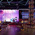 Modern Bar With Starry Sky Backdrop Geometric Lighting Liquor Racks Drum Set Tables And Chairs