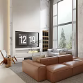 Loft Living Room Interior With Brown Sofa Large Windows And Bookshelves