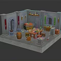 Cartoon Medieval Workshop Interior With Hanging Banners Wooden Workbench Barrels And Chests