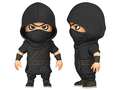 Two Cartoon Ninja Characters In Black Hooded Outfits With Masked Faces And Standing Poses 3d model